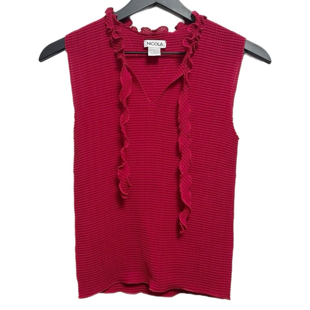 Vintage Y2K Top Red Textured Semi Sheer Ruffle Bow Tie V-neck Tank Nicola